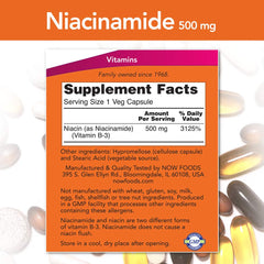 NOW Foods Niacinamide 500mg capsules per serving highlight convenient daily use.