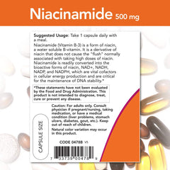 NOW Foods Niacinamide 500mg label design emphasizes purity and quality.
