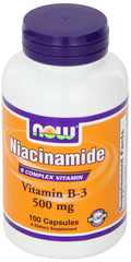 NOW Foods Niacinamide capsules and bottle on a clean countertop for daily vitamin B-3 routines