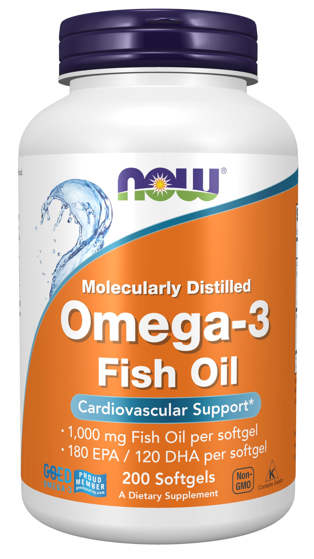 NOW Foods Omega-3 bottle shows 180 EPA/120 DHA per softgel for daily heart health support