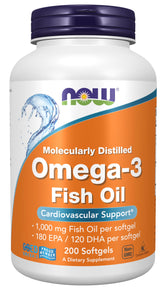 NOW Foods Omega-3 bottle shows 180 EPA/120 DHA per softgel for daily heart health support