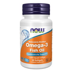 NOW Foods Omega-3 bottle front with 180 EPA / 120 DHA softgels for daily use