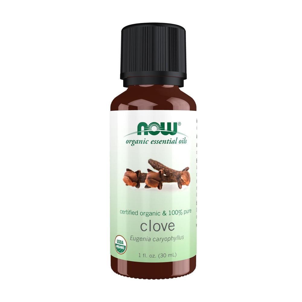 NOW Foods Organic Clove Oil bottle amber glass ready for aromatherapy