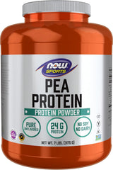 NOW Foods pea protein natural unflavored 7lb container; convenient plant-based protein for meals.