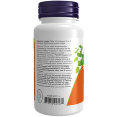 NOW Foods Peppermint Gels capsules close-up emphasizes enteric coating and GI-friendly design.
