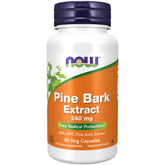 NOW Foods Pine Bark Extract bottle label highlighting 90% OPC for antioxidant support.