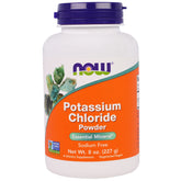 NOW Foods Potassium Chloride powder bottle; supports electrolyte balance and salt substitute use in meals.