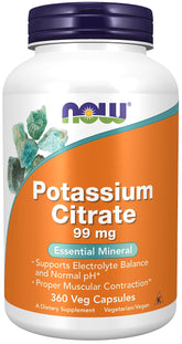 NOW Foods Potassium Citrate 99 mg bottle with label supports electrolyte balance.
