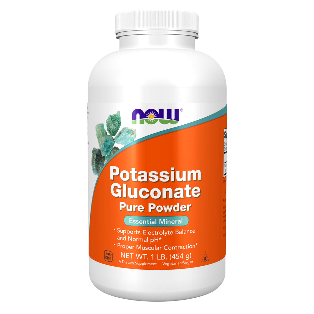 NOW Foods Potassium Gluconate powder jar supports electrolyte balance.