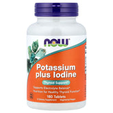 NOW Foods Potassium Plus Iodine bottle shows 180 tablets for daily mineral balance and energy support