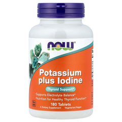 NOW Foods Potassium Plus Iodine bottle shows 180 tablets for daily mineral balance and energy support