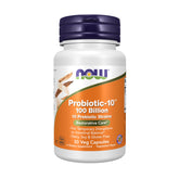 NOW Foods Probiotic-10 bottle label highlighting 100B CFU for daily digestive support