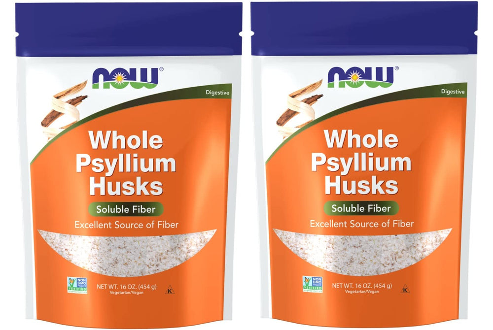 NOW Foods Psyllium Husks Whole bottle shows high-fiber content for daily fiber goals.