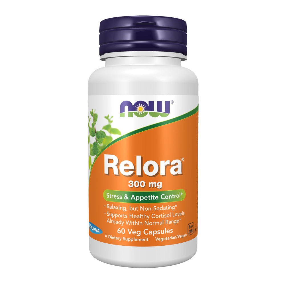 NOW Foods Relora 300 mg bottle on white background suggesting calm and appetite support