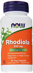NOW Foods Rhodiola Rosea 500mg bottle promotes balanced energy.