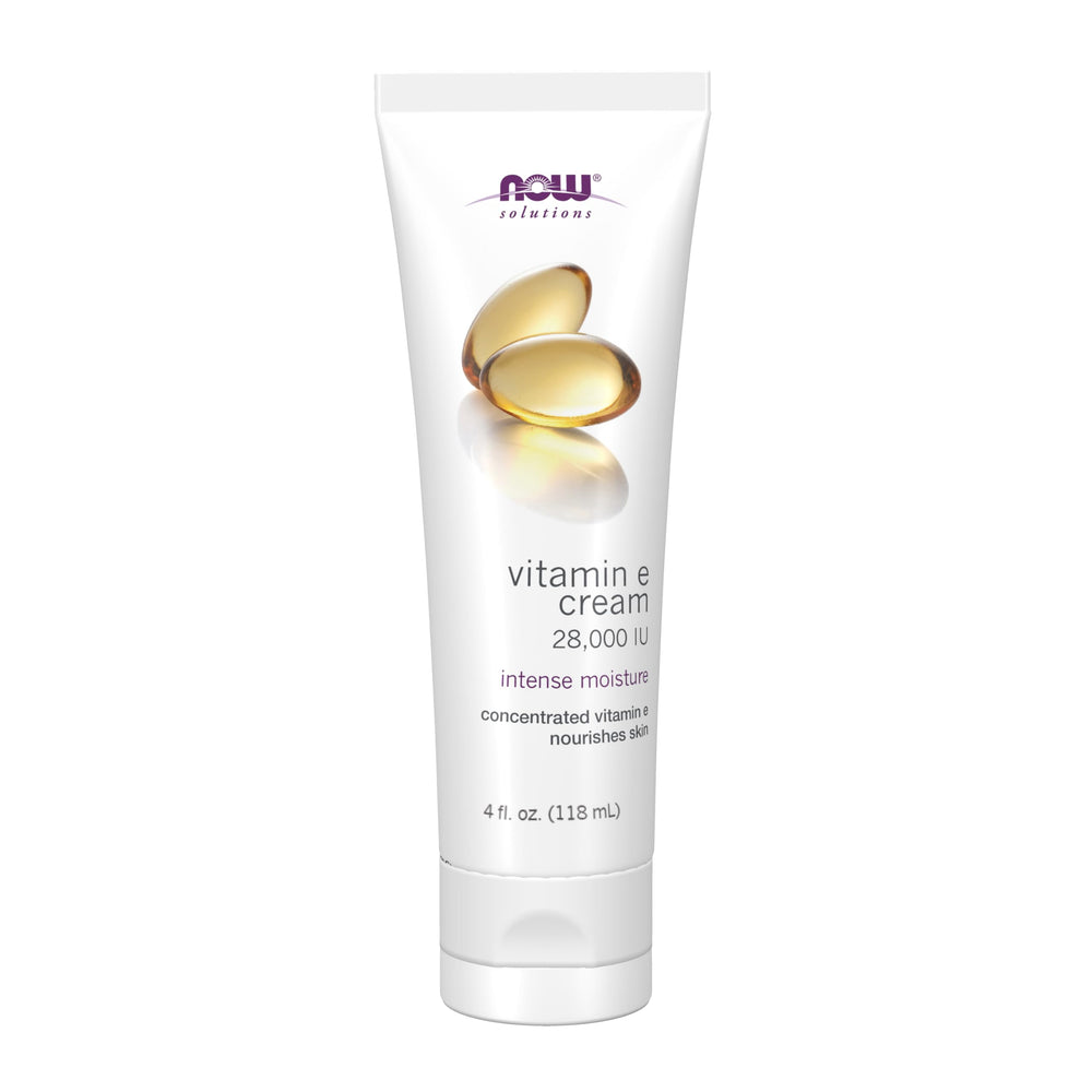 NOW Foods Vitamin E Cream bottle close-up highlighting deep hydration for dry skin
