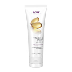 NOW Foods Vitamin E Cream bottle close-up highlighting deep hydration for dry skin