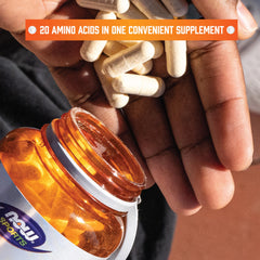 NOW Foods Amino Complete bottle-side emphasizes GMP quality and trusted manufacturing standards
