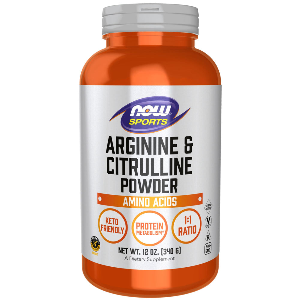NOW Foods Sports Arginine Citrulline powder bottle showing 1:1 ratio for training