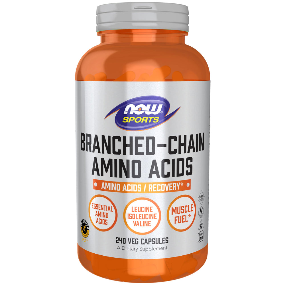 NOW Foods BCAAs capsules bottle front suggesting muscle recovery after workouts