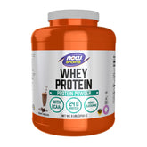 NOW Foods Whey Protein Creamy Chocolate jar showing smooth texture for post-workout recovery.