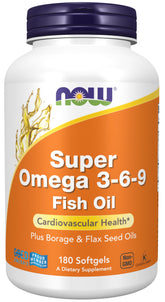NOW Foods Super Omega 3-6-9 bottle front highlighting omega blend for skin and heart support