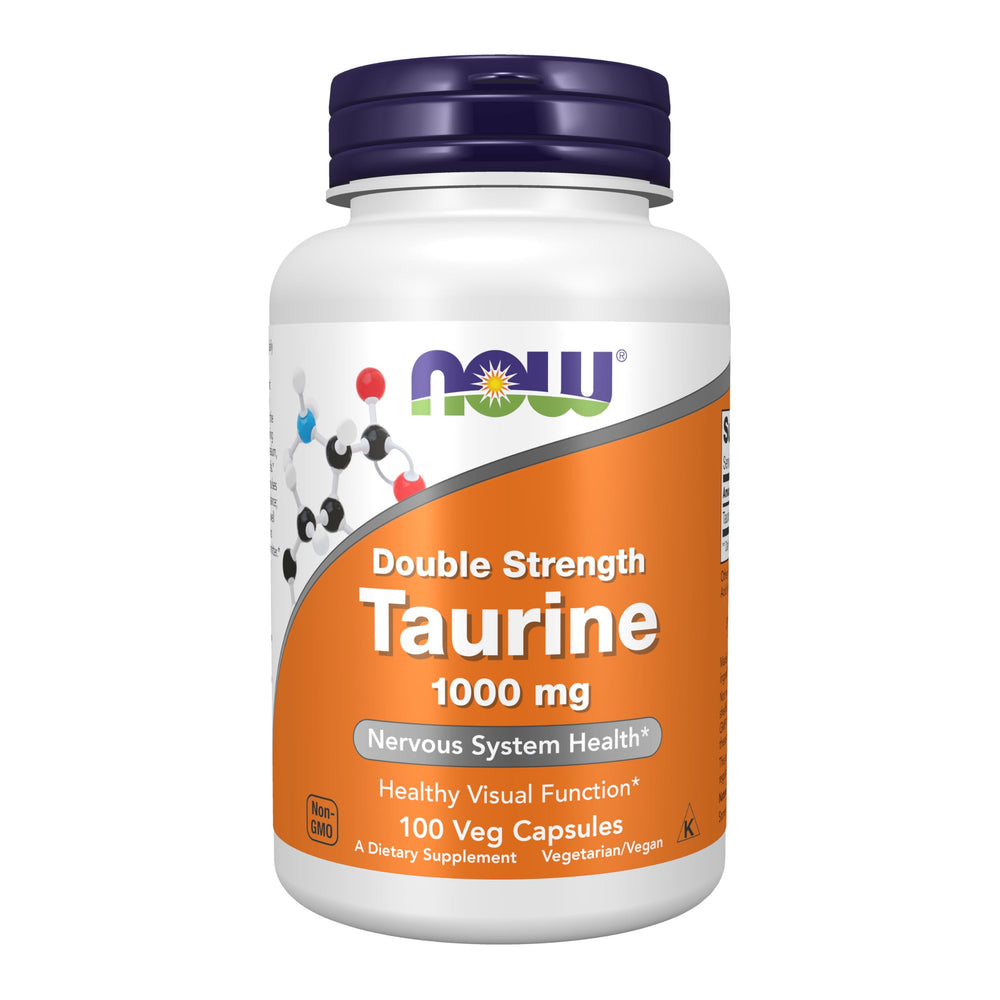 NOW Foods Taurine 1000 mg bottle label highlighting double strength formula