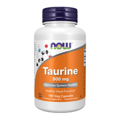 NOW Foods Taurine 500 mg bottle with label highlighting nervous system support.