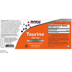 NOW Foods Taurine 500 mg capsules bottle side view, convenient two-pack for ongoing supplementation.