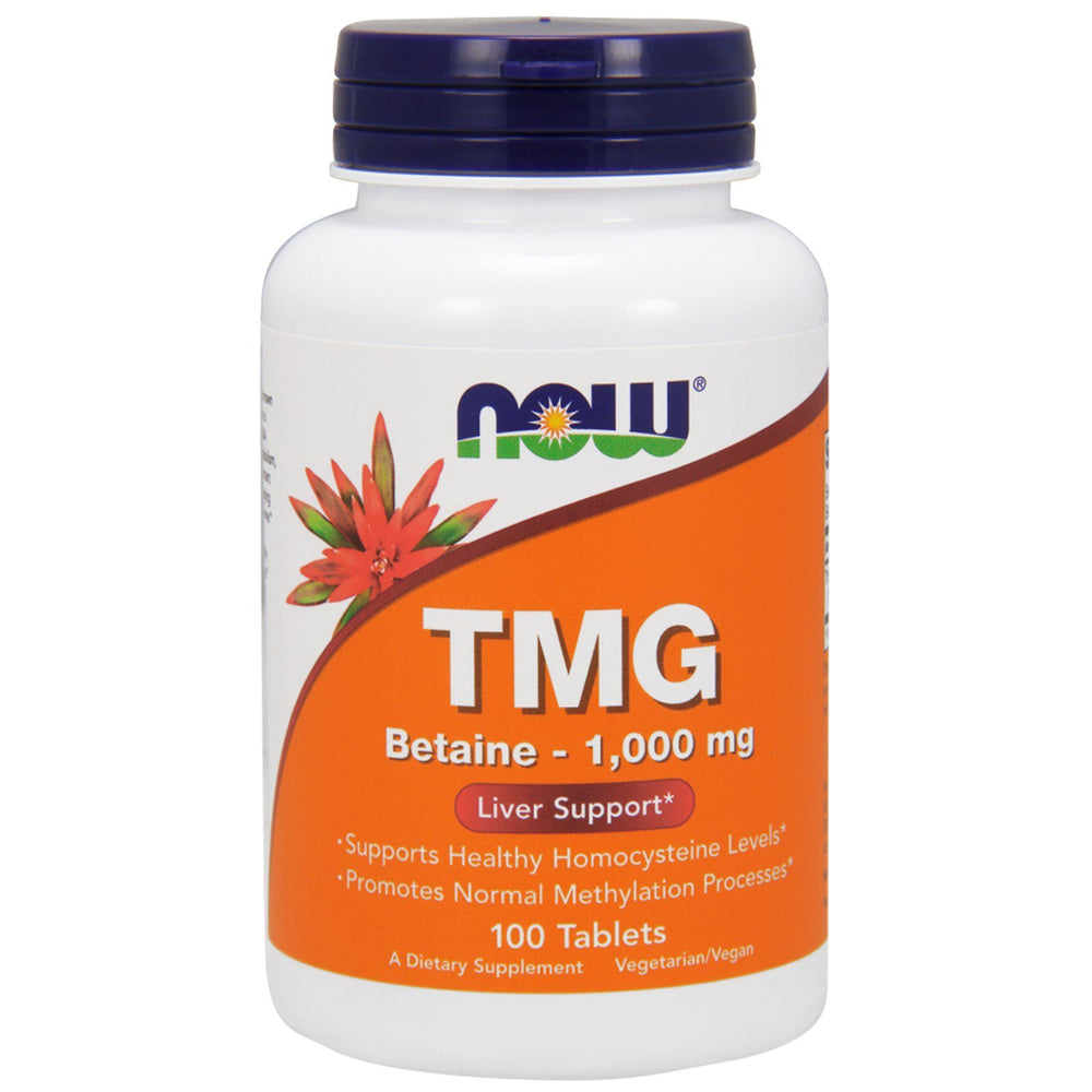 NOW Foods TMG 1000mg bottle front view; vegetarian formula supports homocysteine balance.