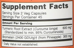 NOW Foods Turmeric and Bromelain label detail highlighting GMP quality certification.