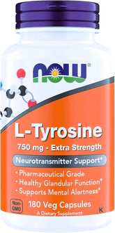 NOW Foods L-Tyrosine 750 mg bottle front for neurotransmitter support