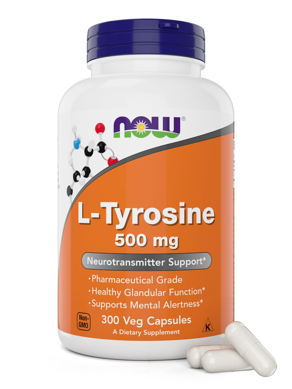 Now Foods L-Tyrosine bottle front view, 500 mg capsules for daily focus.