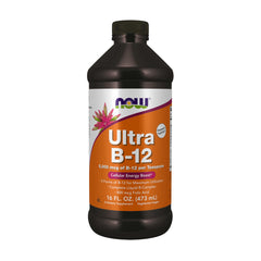 NOW Foods Ultra B-12 Liquid bottle closeup highlighting vegan B-12 benefits.