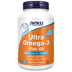 NOW Foods Ultra Omega-3 softgels bottle showing heart and brain health support