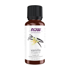 NOW Foods Vanilla Oil bottle with jojoba base for soothing aromatherapy.