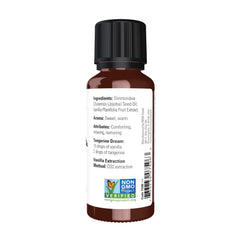 NOW Foods Vanilla Oil showing jojoba as a gentle carrier for diffusion.
