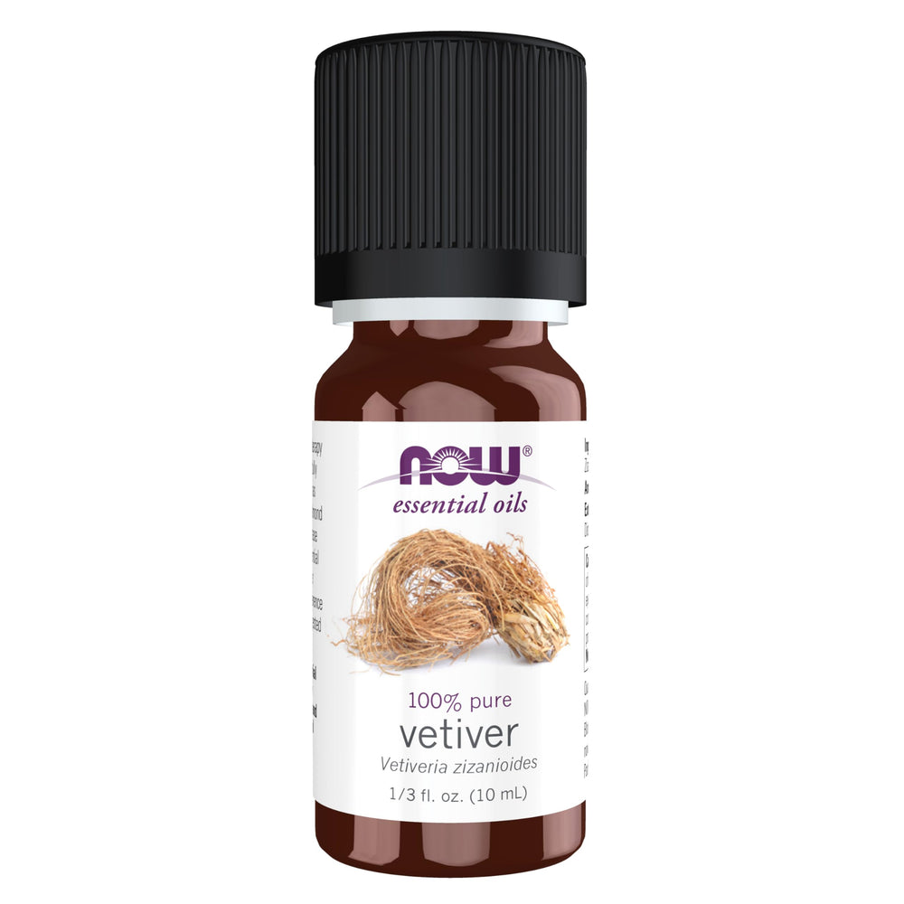 NOW Foods Vetiver Oil bottle close-up showing grounding aroma
