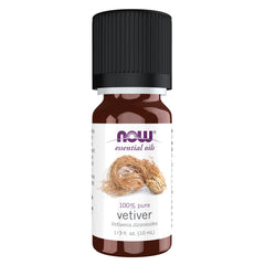 NOW Foods Vetiver Oil bottle close-up showing grounding aroma