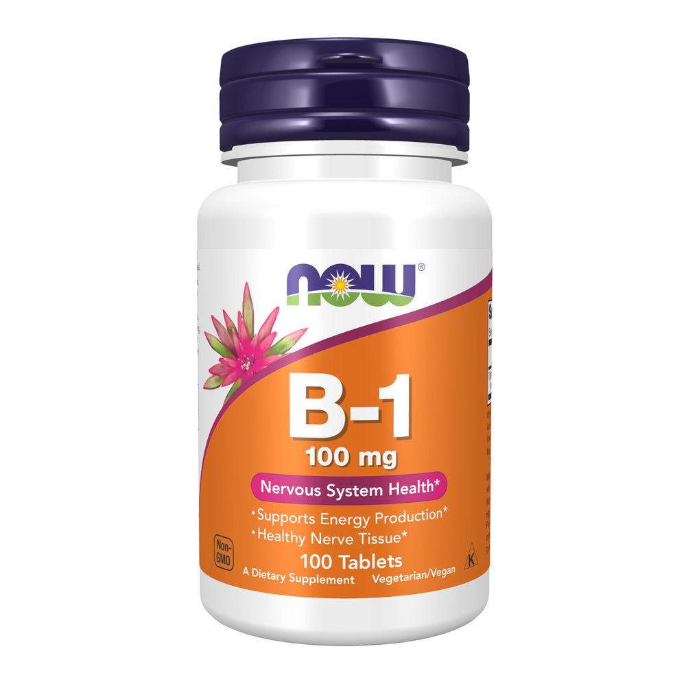 NOW Foods Vitamin B-1 100 mg tablets bottle for energy support.
