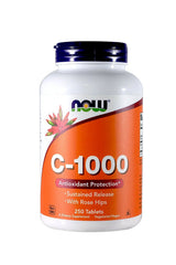 NOW Foods Vitamin C-1000 Sustained Release with Rose Hips bottle, extended release for daily antioxidant support