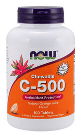 NOW Foods Vitamin C-500 chewable orange bottle, 100 tablets, ideal for daily wellness routines.