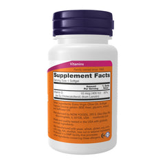 NOW Foods Vitamin D-3 400 IU softgels label closeup highlighting potency and ingredients.