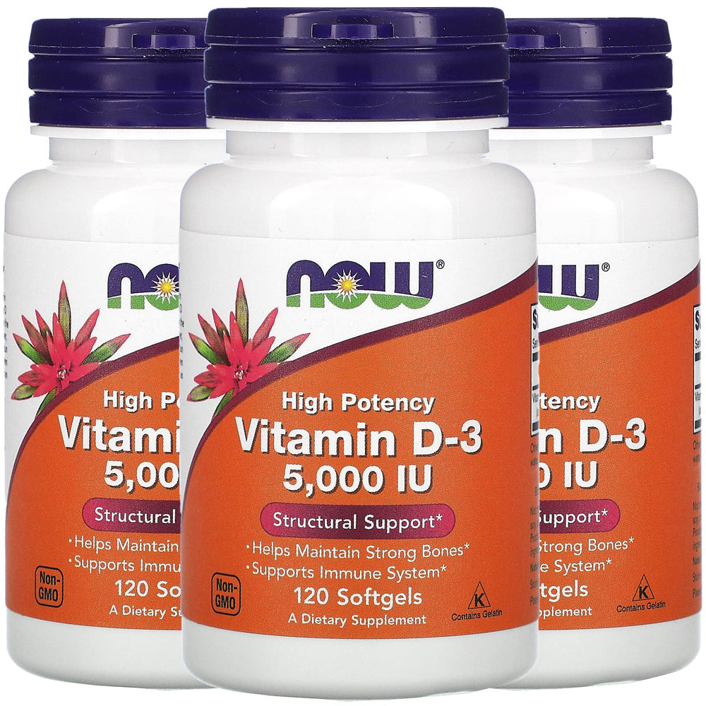 NOW Foods Vitamin D-3 softgels front packaging shows immune support and bone focus.