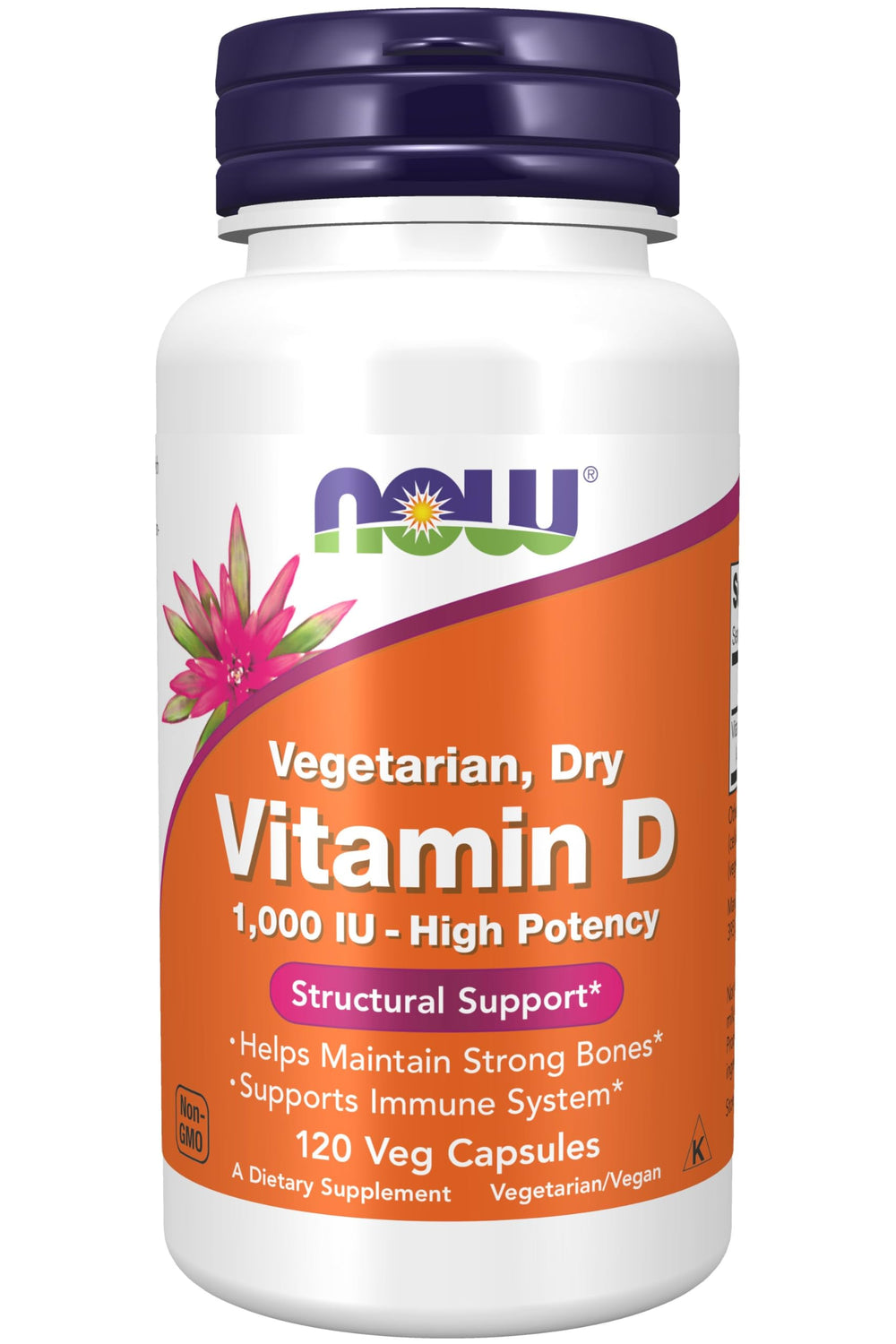 Now Foods Vitamin D Vegetarian Dry 1000 IU bottle front view supports bone health