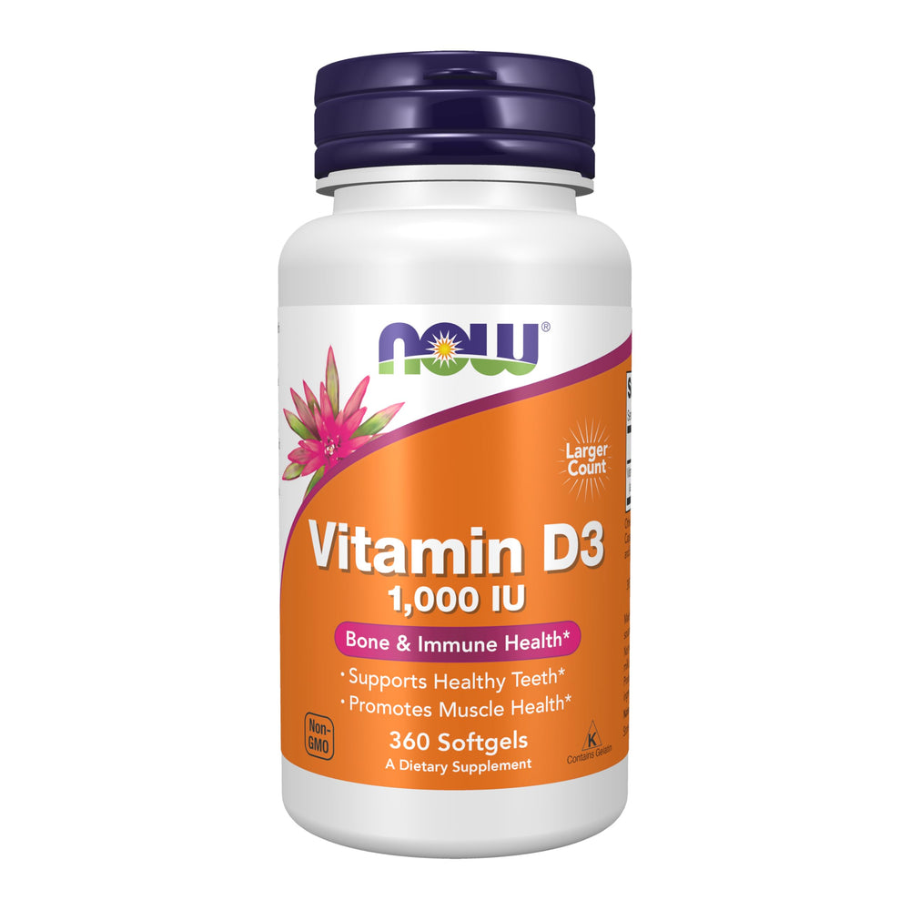NOW Foods Vitamin D-3 1000IU bottle front showing potency for daily use
