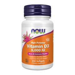 NOW Foods Vitamin D-3 5000 IU softgel bottle for immune and bone support