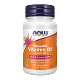 NOW Foods Vitamin D-3 5,000 IU mint chewables bottle supports teeth and muscle health daily.
