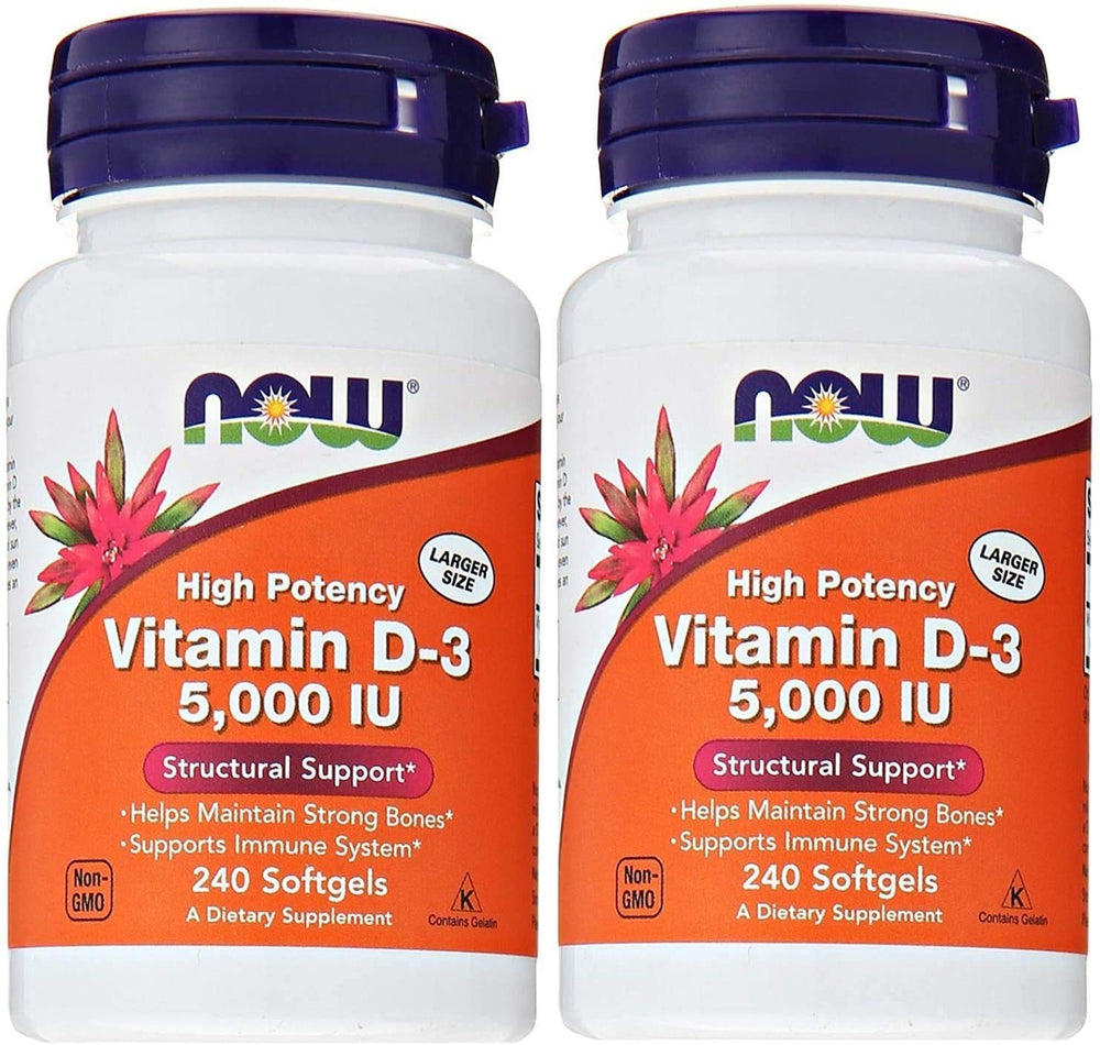 NOW Foods Vitamin D3 5000 IU bottle with softgels, ideal for daily immune and bone support.