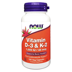NOW Foods Vitamin D-3 & K-2 bottle close-up supports daily bone health